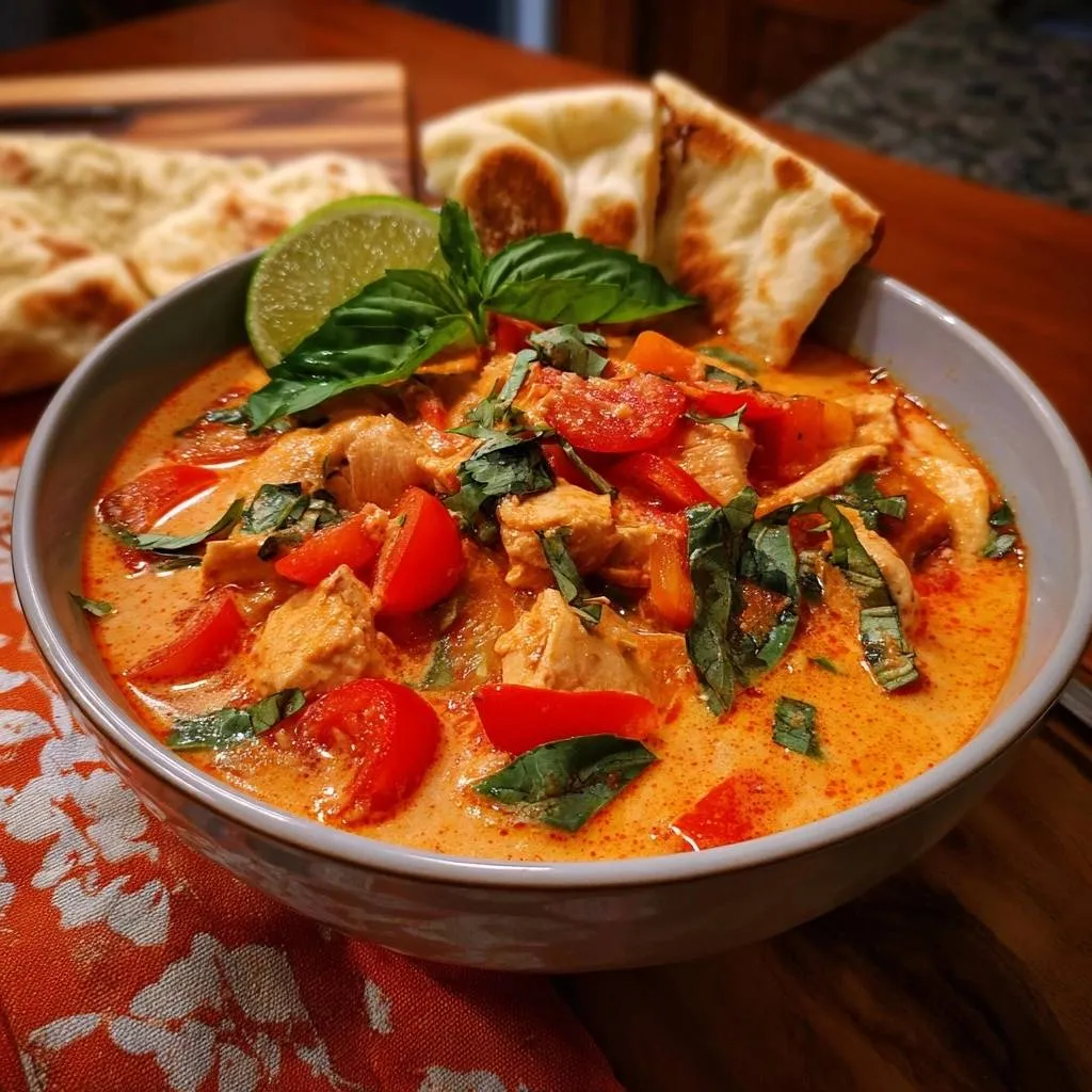 Thai red chicken curry served in a bowl with naan bread and a lime wedge garnish.