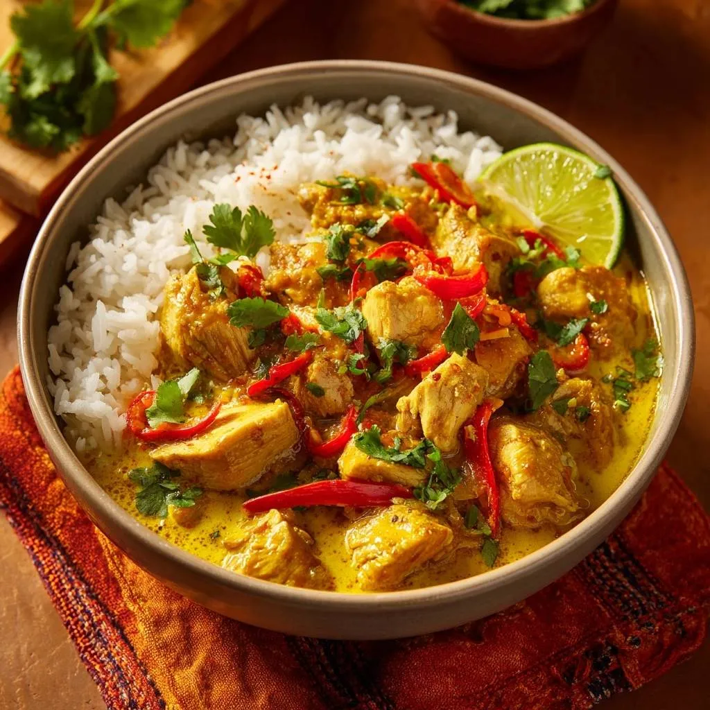 Thai yellow chicken curry served in a bowl with white rice and garnished with cilantro and lime.