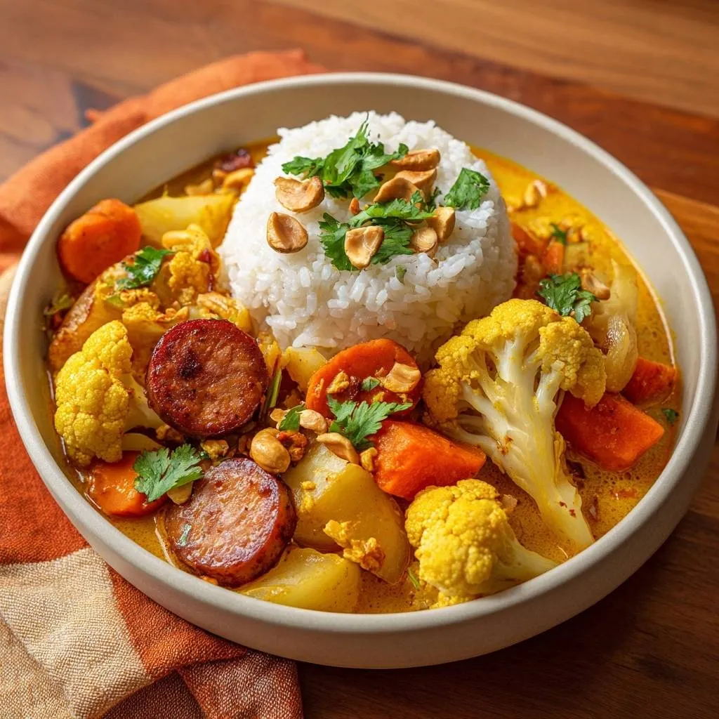 Thai yellow veggie sausage curry served in a bowl with rice, cauliflower, and sausage slices.