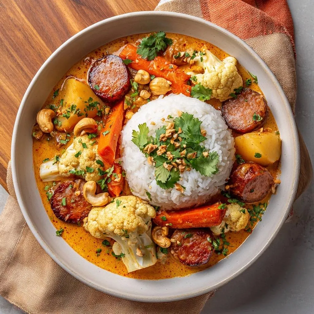 Thai yellow veggie sausage curry served in a bowl with rice, cauliflower, carrots, and cashews.