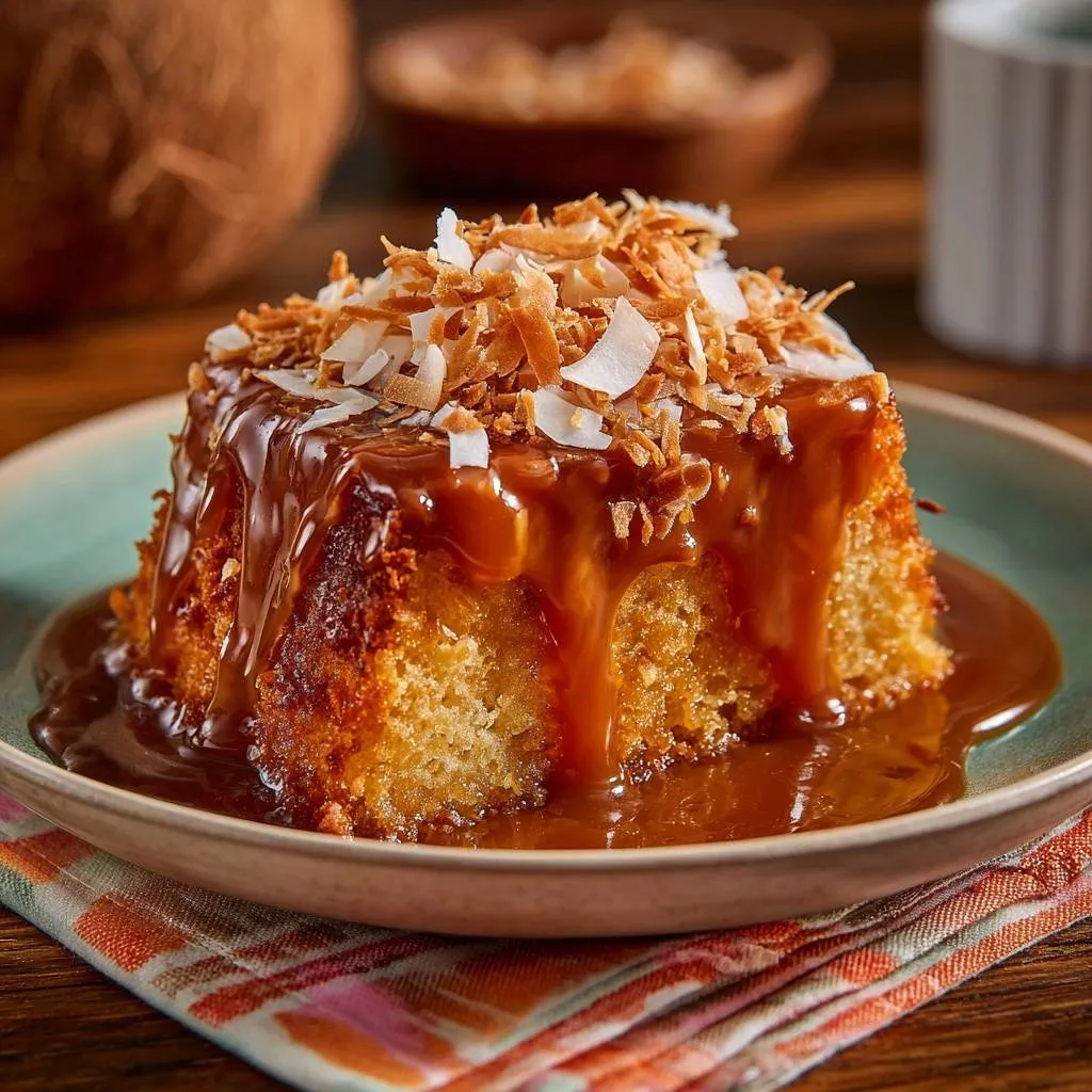 Toasted Coconut Caramel Cake, a slice generously drizzled with caramel sauce and topped with toasted and shredded coconut.