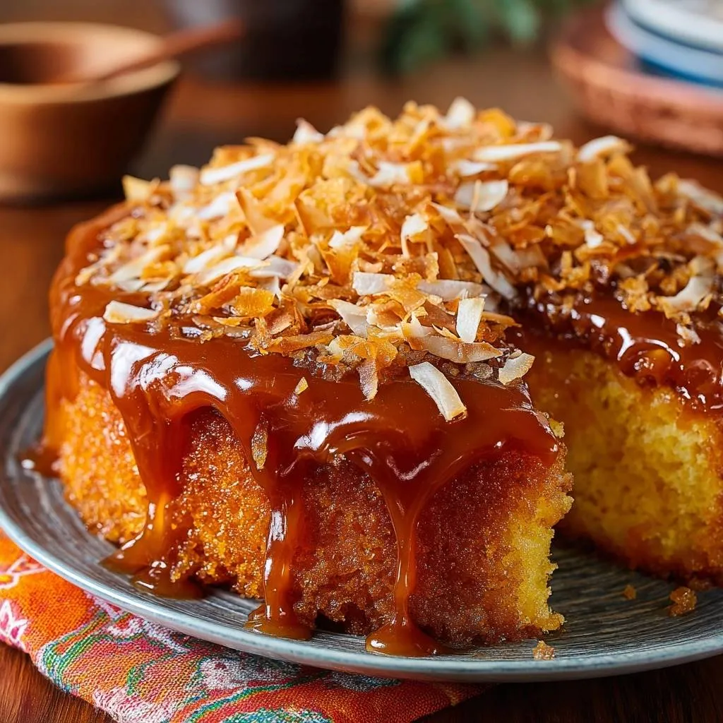 Toasted Coconut Caramel Cake showing a slice with rich caramel glaze dripping down the moist crumb.