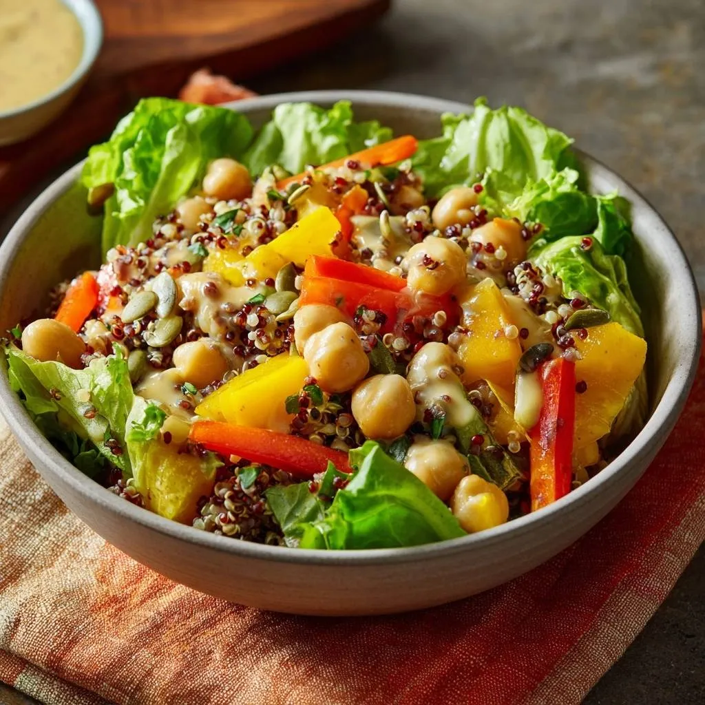 Tropical quinoa chickpea salad served in a rustic bowl with fresh lettuce and a creamy dressing, presented in an overhead view.