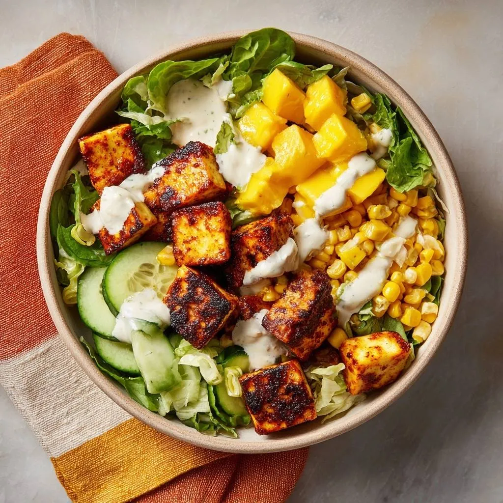 Tropical tofu salad bowl with crispy fried tofu, mango, corn, and cucumber shown in an overhead bowl view.
