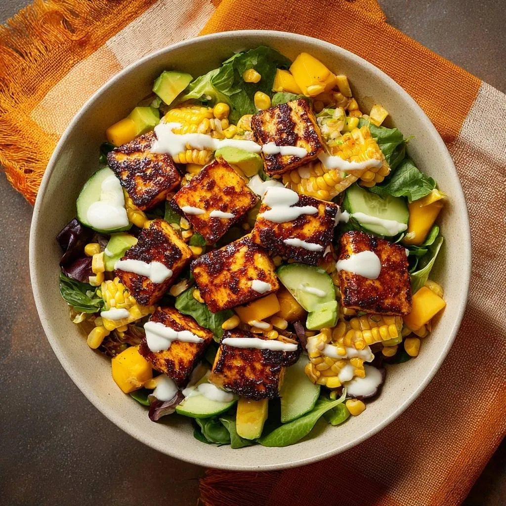 Tropical tofu salad bowl with crispy fried tofu, corn, avocado, and mango, drizzled with dressing, shown from an overhead perspective.