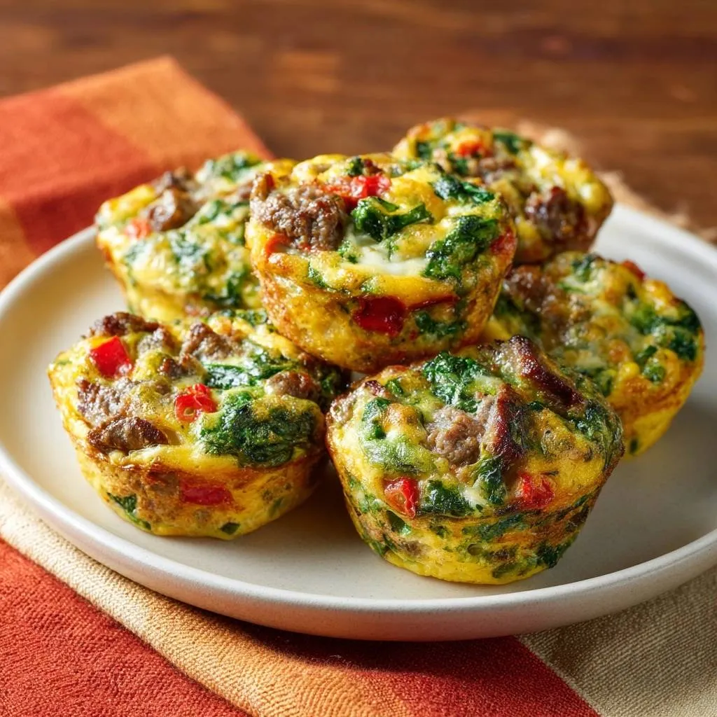 Fluffy turkey sausage spinach pepper egg muffins stacked on a white plate with a textured napkin.