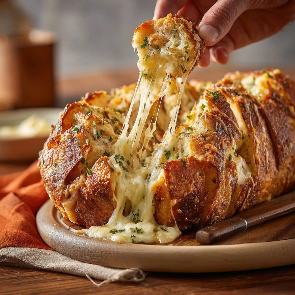 Ultimate Cheesy Garlic Pull-Apart Bread with a hand pulling apart a gooey, cheesy slice.