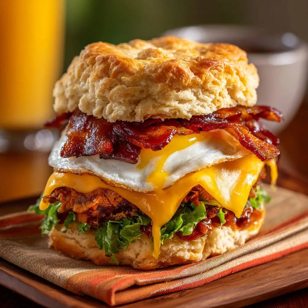 Ultimate Layered Breakfast Biscuit Sandwich, a tall close-up showing flaky biscuit layers, bacon, runny egg yolk, and melted cheese.