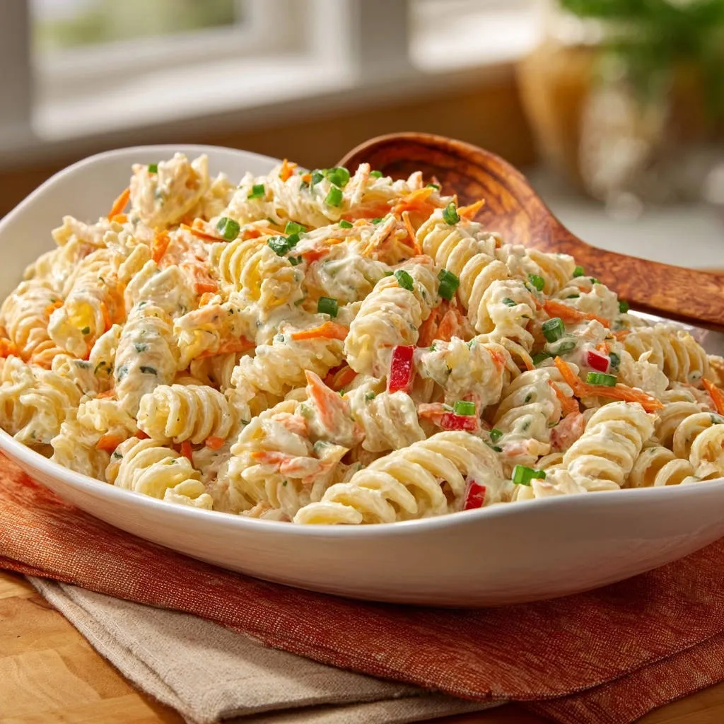 Ultimate make-ahead pasta salad served in a large white bowl with a wooden spoon, showcasing its creamy texture and colorful ingredients.