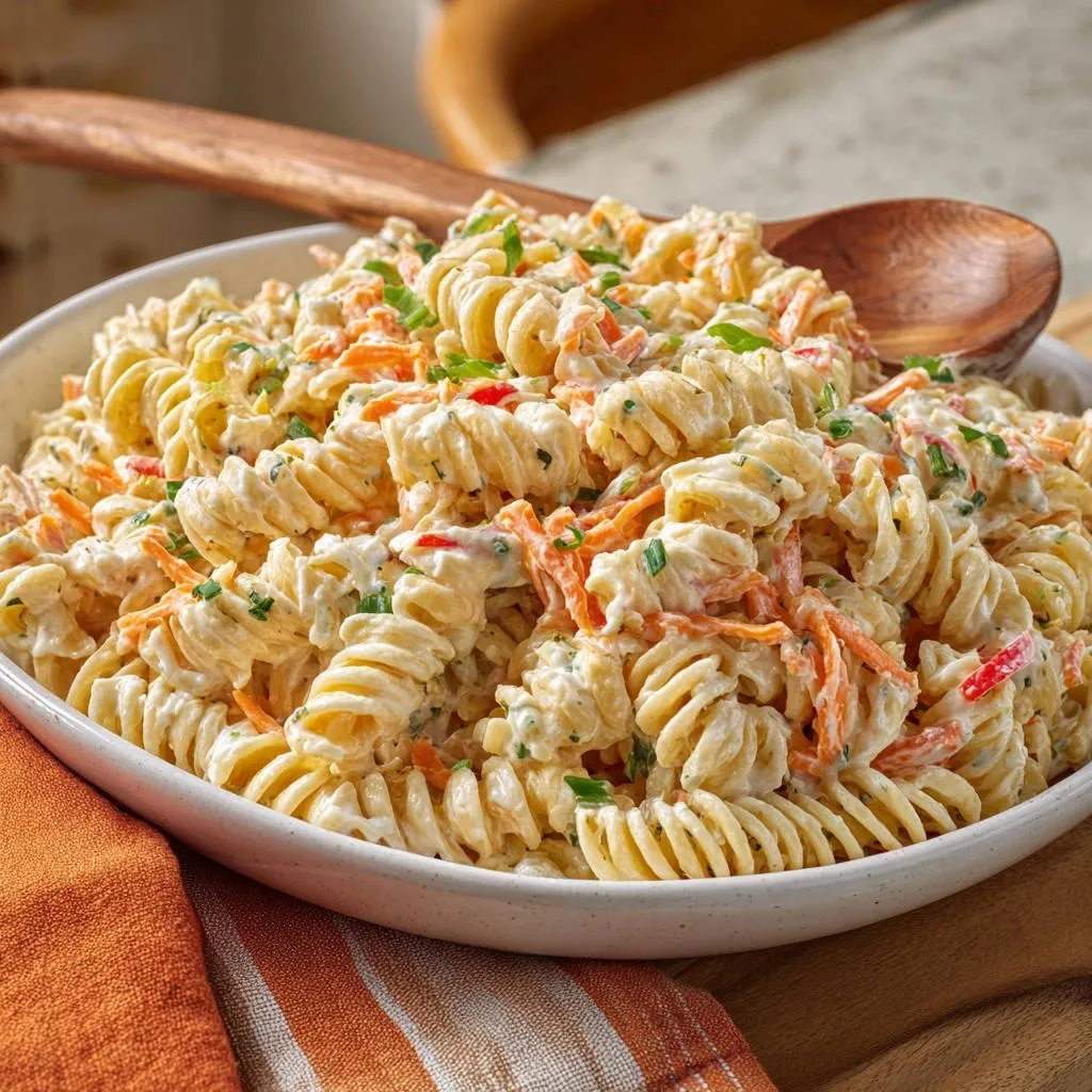 Ultimate make-ahead pasta salad shown in a white bowl with a wooden spoon scooping a creamy portion.