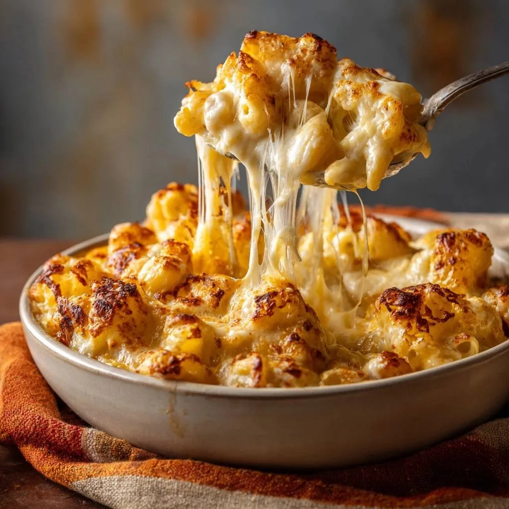 Ultra creamy baked mac and cheese with a generous cheese pull captured on a spoon.