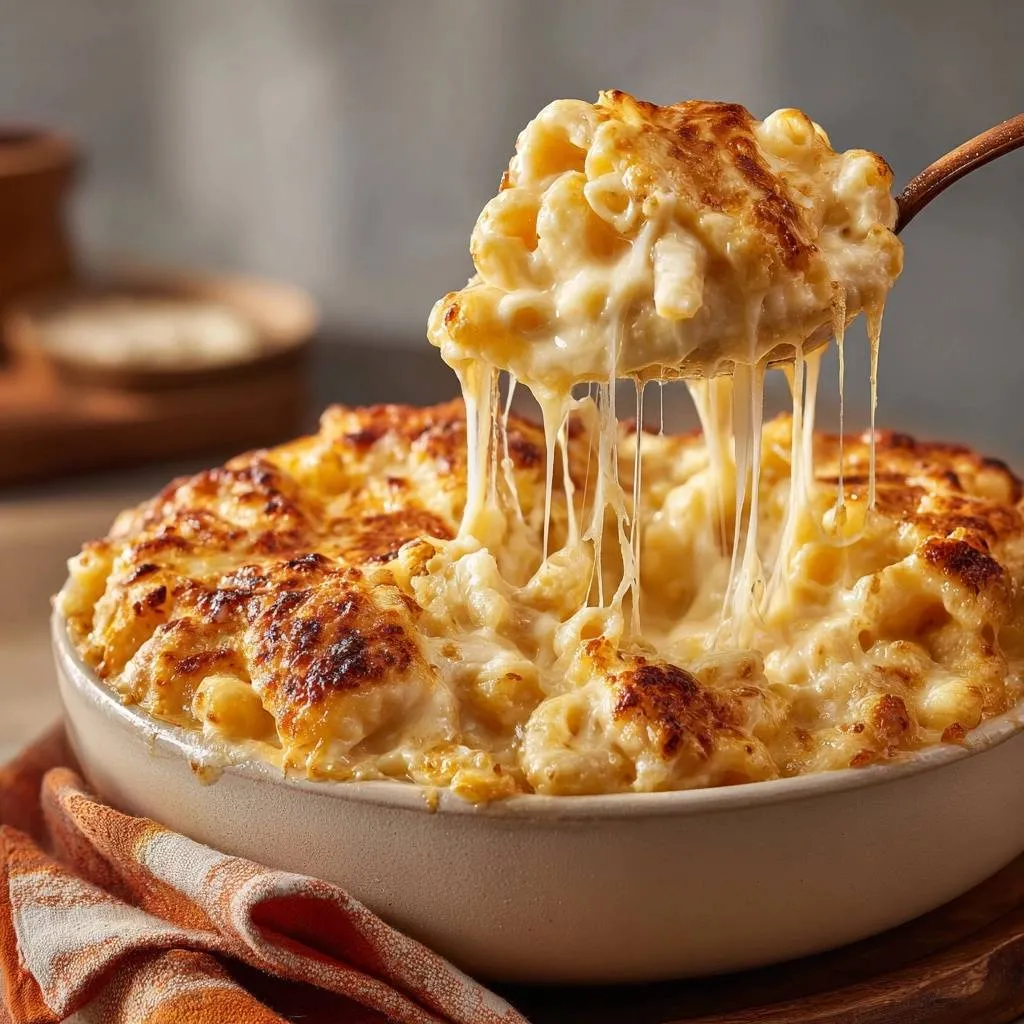 Ultra creamy baked mac and cheese being scooped with a spoon, showing a dramatic cheese pull.