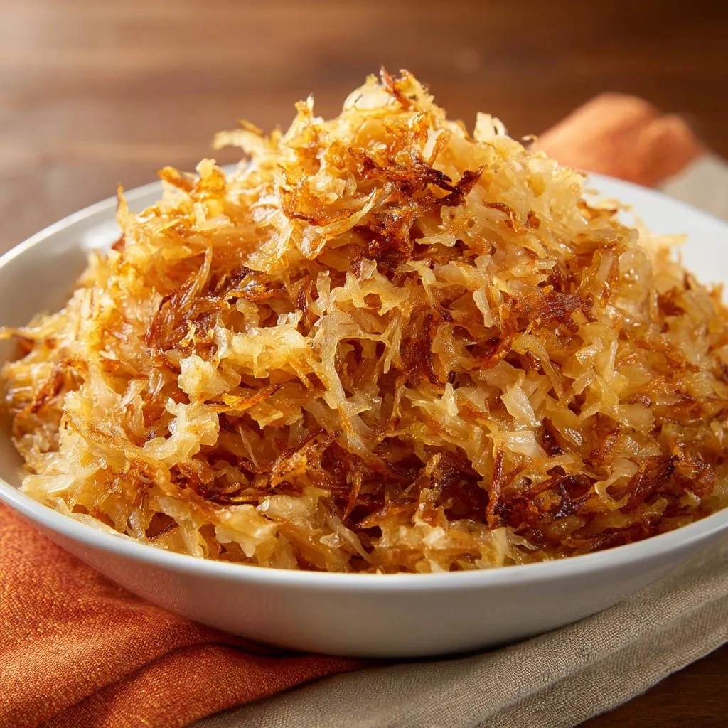 Ultra-crispy shredded potatoes piled high in a white bowl, showcasing a golden-brown, slightly messy texture.