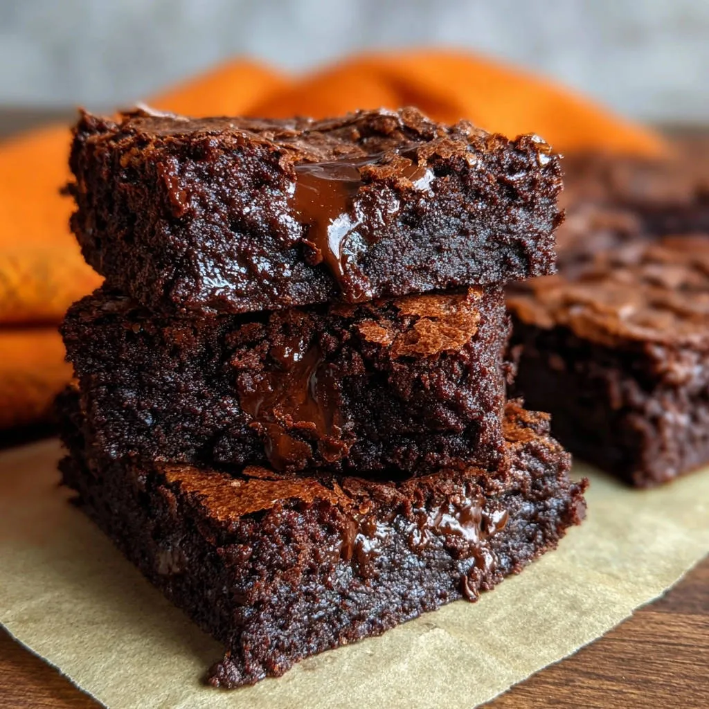 Ultra-fudgy chocolate lava brownies stacked, showing a gooey melted chocolate center and shiny crust.