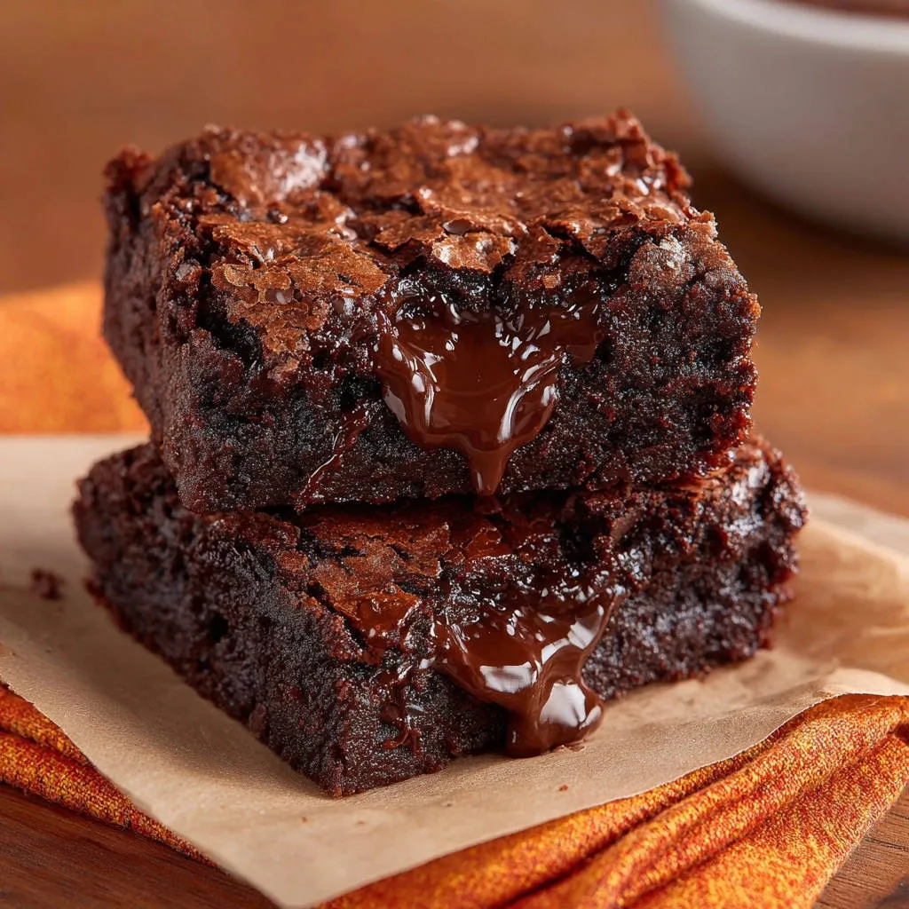Ultra-fudgy chocolate lava brownies with molten chocolate dripping down, showcasing a rich interior.