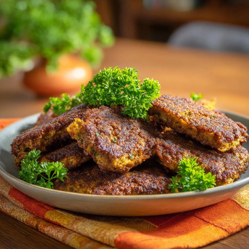 Hearty veggie & chickpea fritters, a close-up view of a pile of golden-brown fritters garnished with fresh parsley.