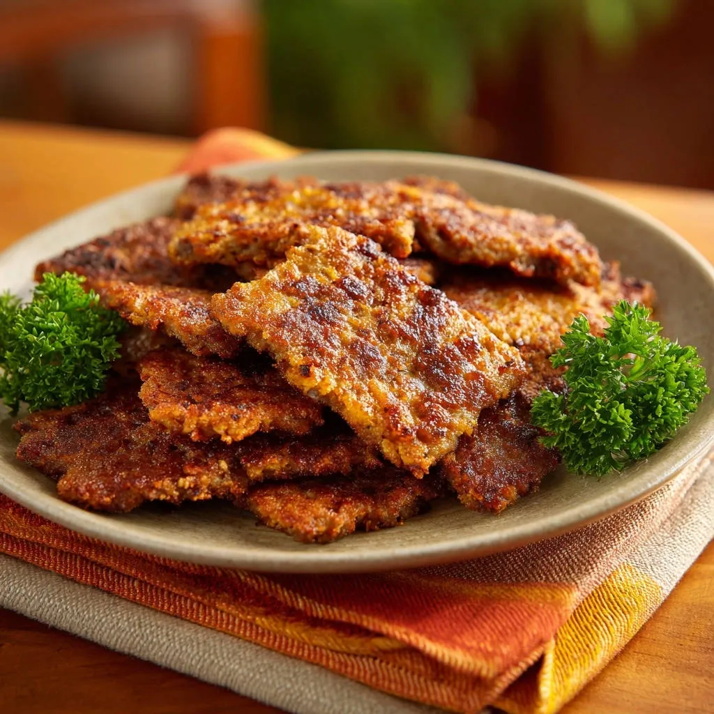 Hearty veggie & chickpea fritters stacked on a plate with parsley garnish, showcasing their texture.