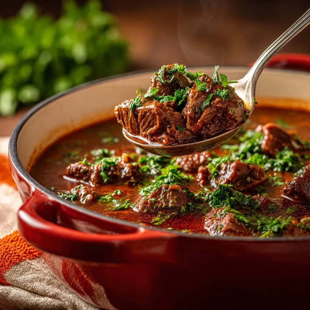 Velvety beef stew with a spoonful being lifted, showcasing the tender meat and rich gravy.