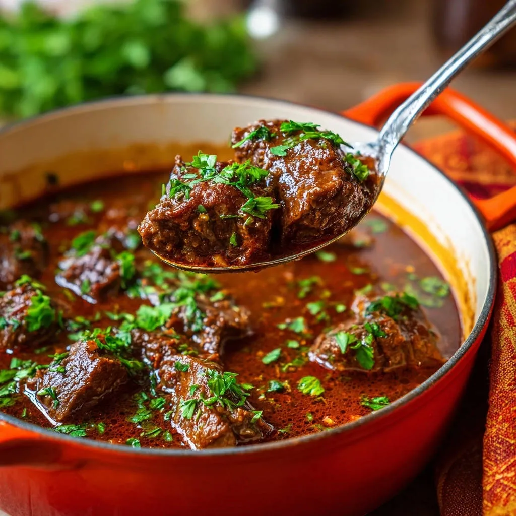 Velvety beef stew shown in a red pot with a spoonful of tender beef chunks garnished with fresh parsley.