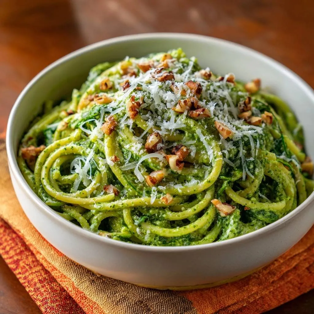 Vibrant basil pesto spaghetti served in a white bowl and generously garnished with chopped walnuts and grated Parmesan cheese.
