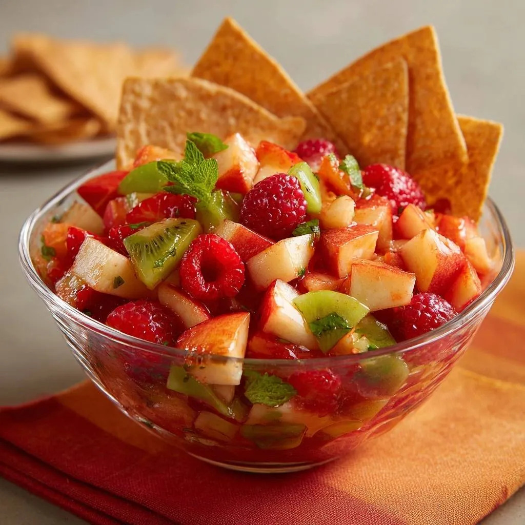 Vibrant fruit salsa with raspberries, kiwi, and peaches served in a glass bowl with tortilla chips.