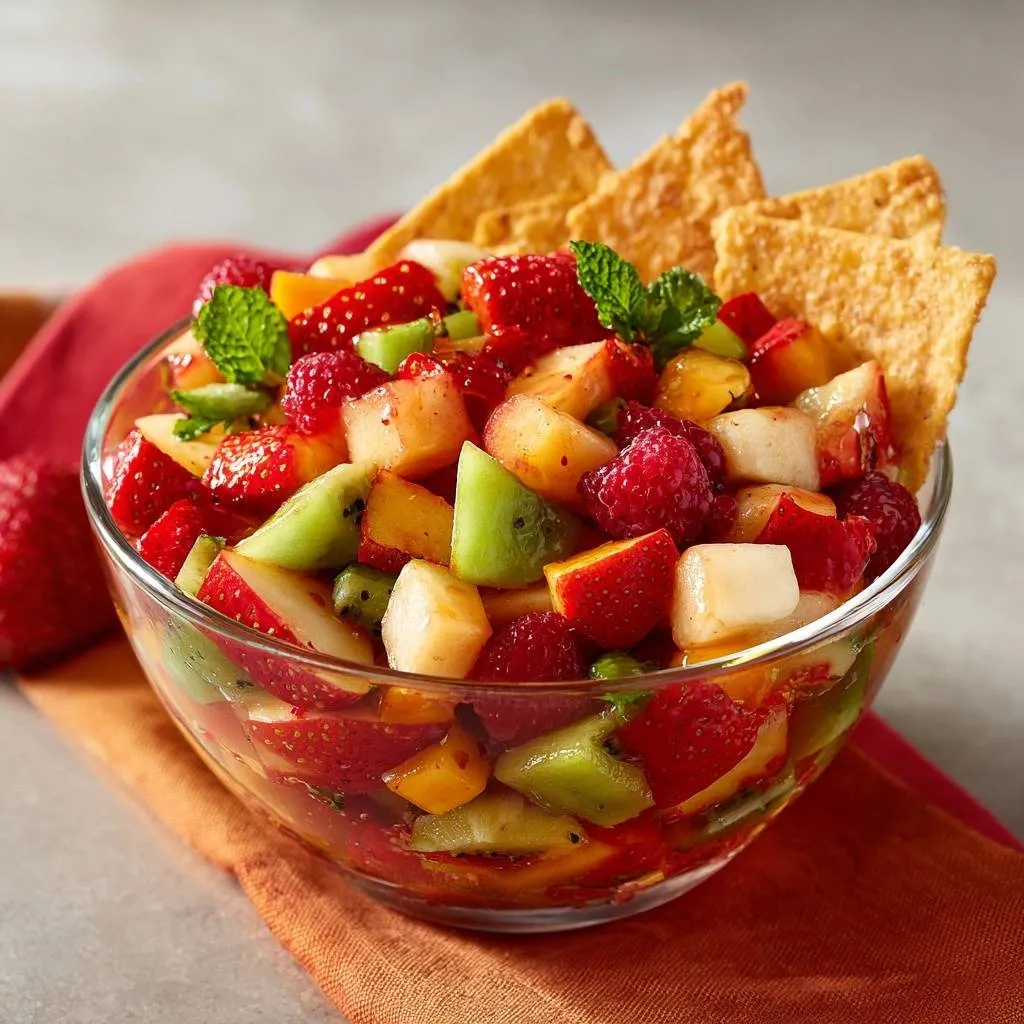 Vibrant fruit salsa with strawberries, kiwi, raspberries, and peaches, served in a glass bowl with tortilla chips.