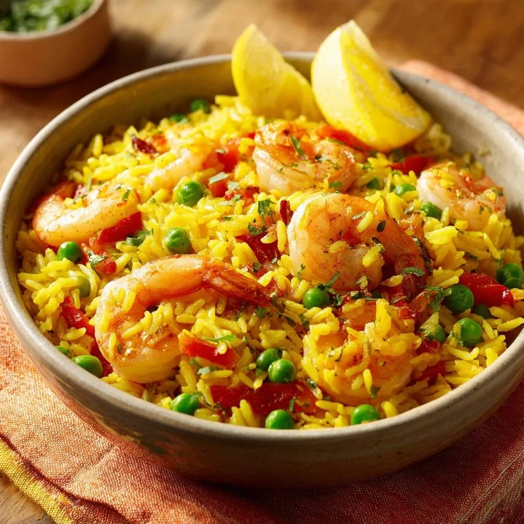 Vibrant shrimp paella with fluffy rice grains shown in a close-up view inside a bowl with lemon wedges.