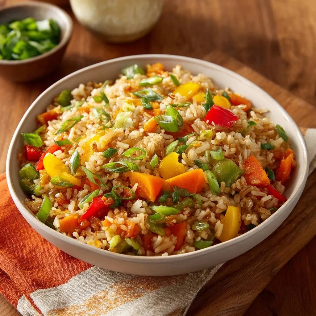 Vibrant veggie fried rice with separate grains served in a white bowl with a close-up view of the colorful ingredients.