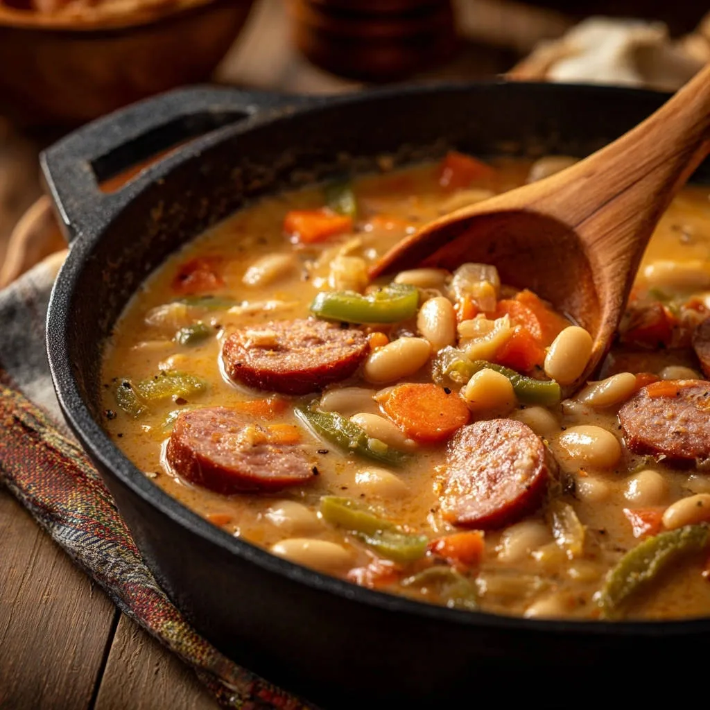 Hearty white bean and smoked sausage stew being scooped from a cast iron pot with a wooden spoon.