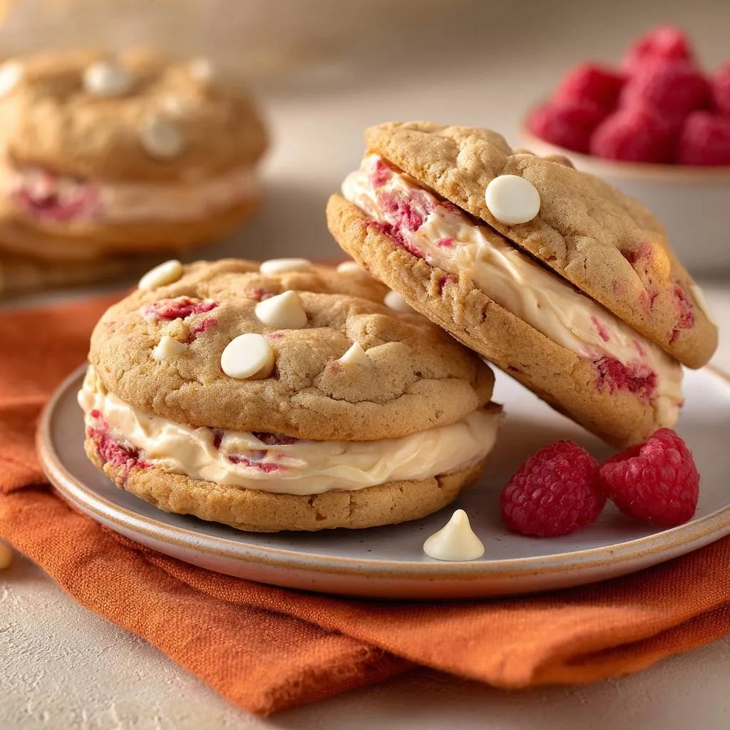 White Chocolate Raspberry Ice Cream Sandwiches served on a plate with fresh raspberries and white chocolate chips.