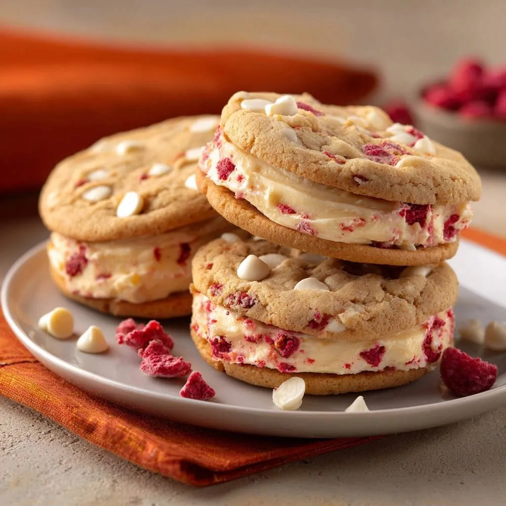 White chocolate raspberry ice cream sandwiches stacked on a plate, showing a close-up view of the creamy filling and cookies.