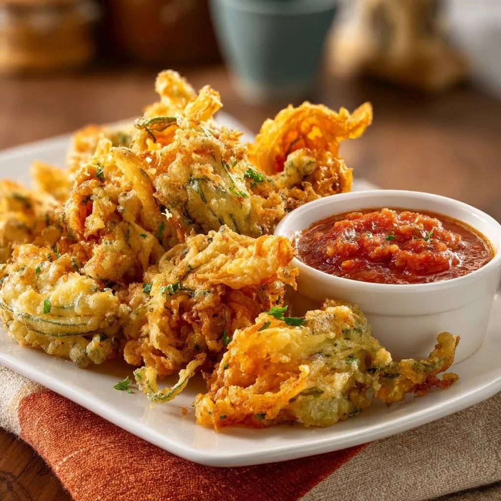 Crispy zucchini fritters plated with a side of tomato dipping sauce, showcasing their golden-brown texture.