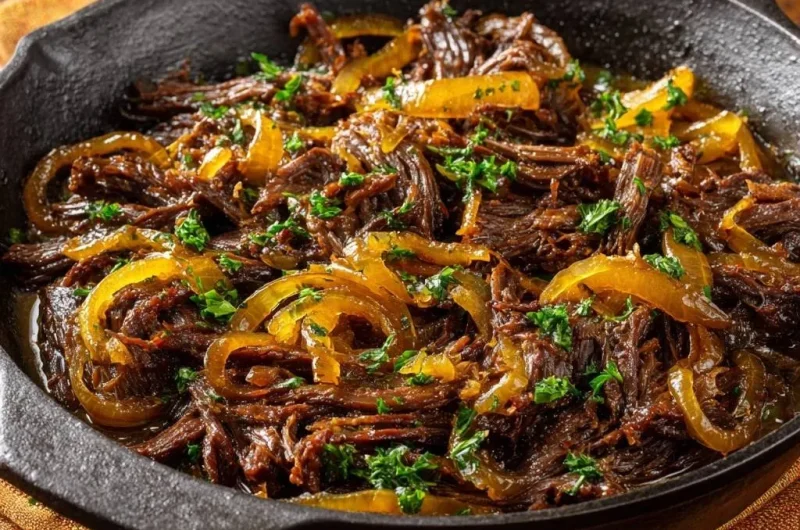 Cast Iron Shredded Beef with Caramelized Onions