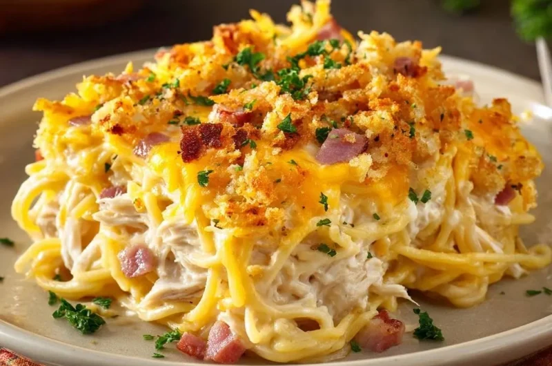Cheesy Chicken Bacon Spaghetti Casserole