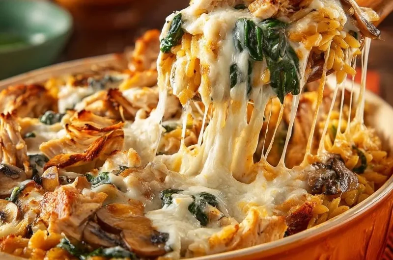 Cheesy Chicken Mushroom Spinach Orzo Bake