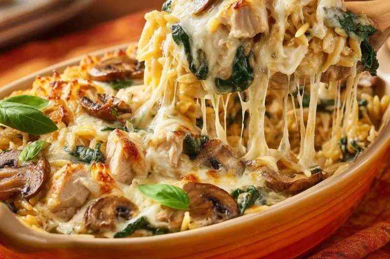Cheesy Chicken Spinach Mushroom Pasta Bake