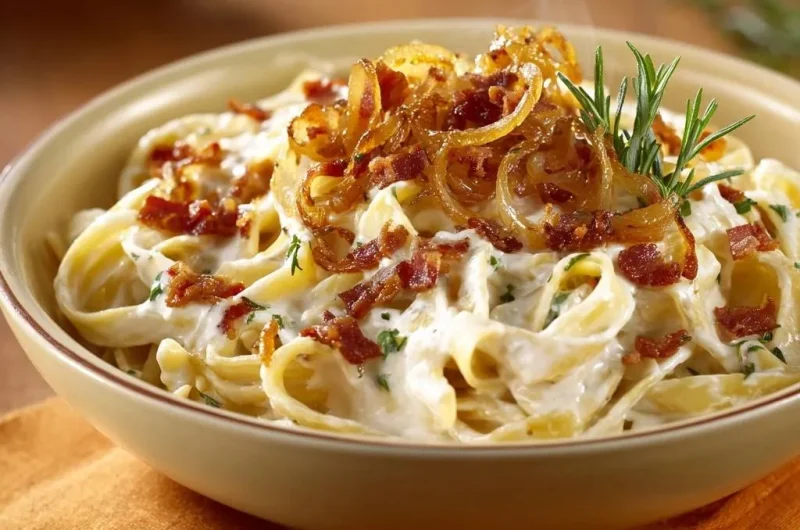 Creamy Bacon Fettuccine with Crispy Onions