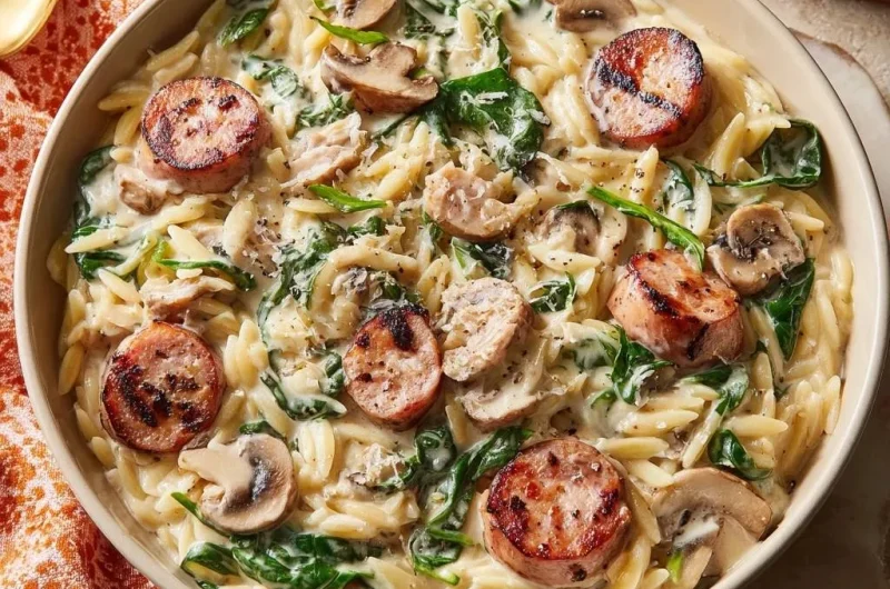 Creamy Chicken Sausage Mushroom Spinach Orzo