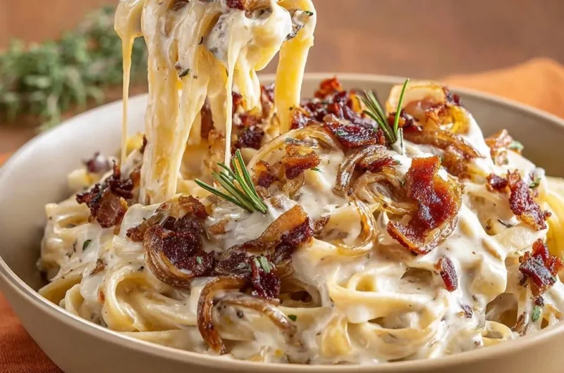 Crispy Bacon Caramelized Onion Fettuccine