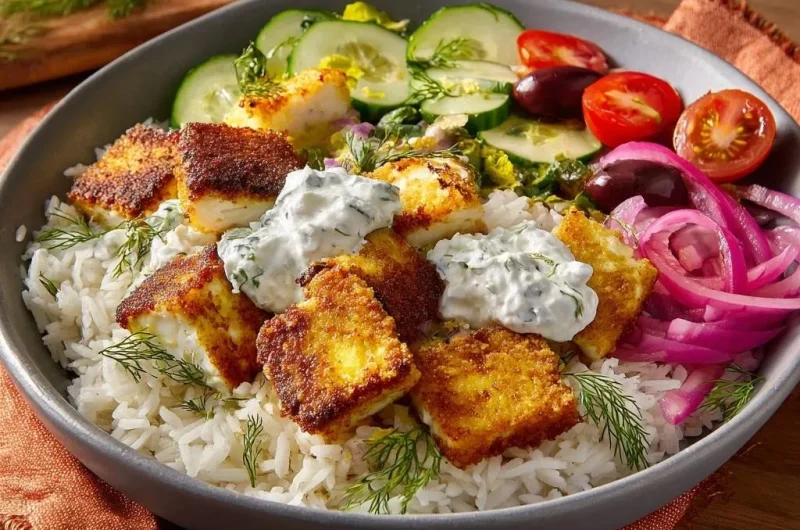 Crispy Greek Fish Rice Bowl