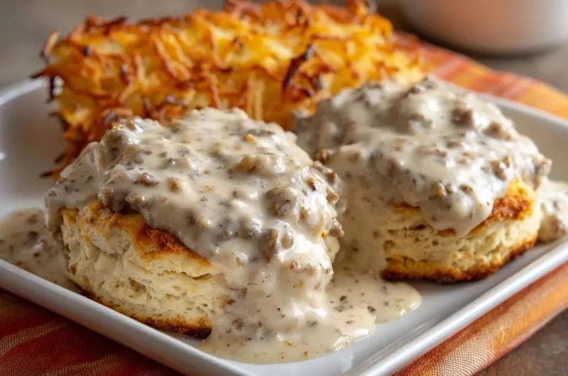 Fluffy Biscuits and Sausage Gravy with Crispy Hash Browns