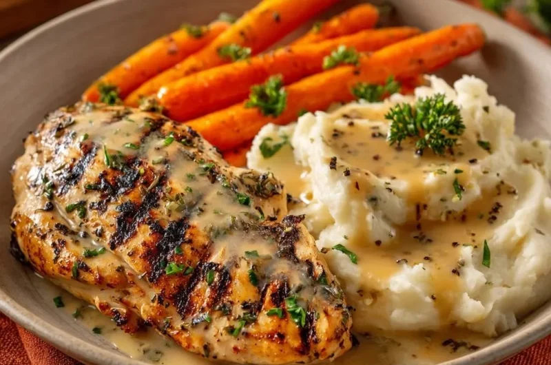 Juicy Grilled Chicken with Herb Cream Sauce, Mashed Potatoes & Baby Carrots