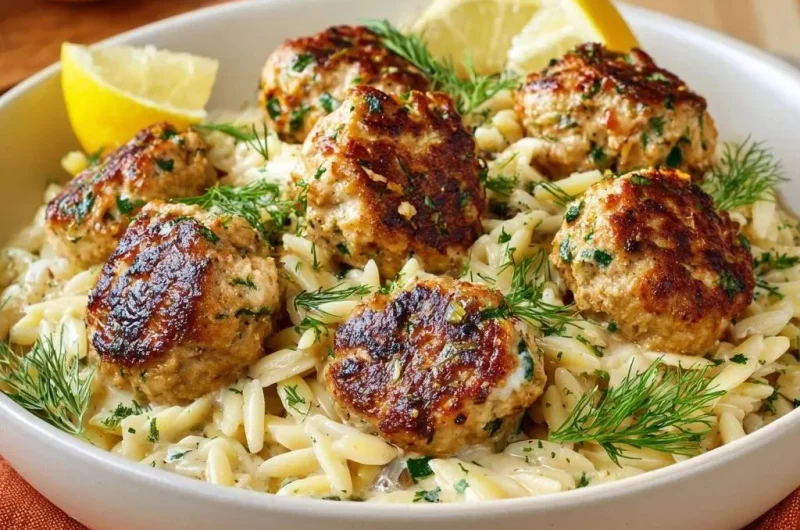 Lemon Dill Chicken Meatballs with Creamy Orzo