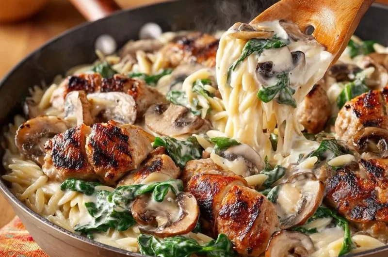 One-Pan Creamy Chicken Orzo with Mushrooms & Spinach
