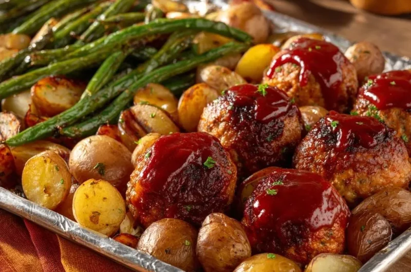 Sheet Pan BBQ Meatballs with Potatoes & Green Beans