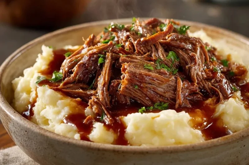 Shredded Beef over Creamy Mashed Potatoes