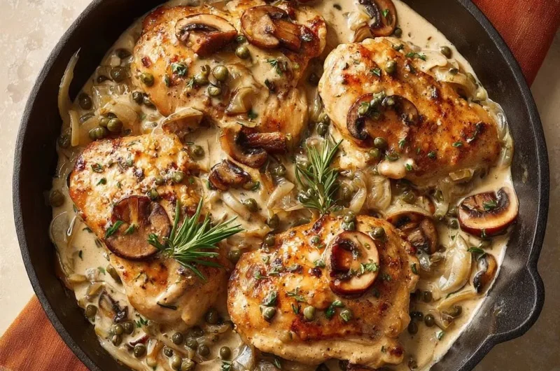 Skillet Chicken with Creamy Mushrooms, Capers & Pearl Onions
