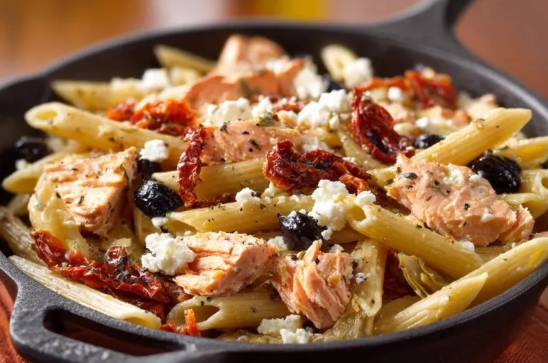 Skillet Salmon Penne with Sun-Dried Tomatoes, Olives & Feta