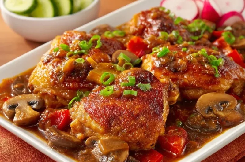 Sticky Glazed Chicken Thighs with Mushrooms & Peppers