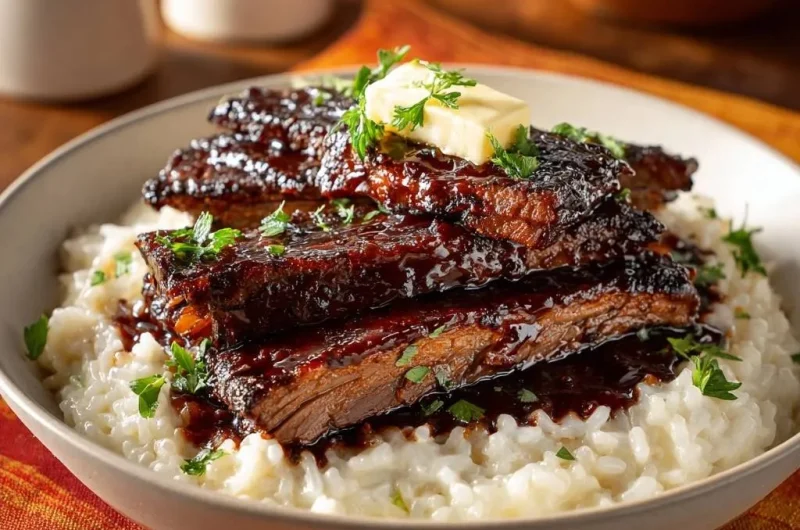 Tender Glazed Short Ribs over Buttery Rice